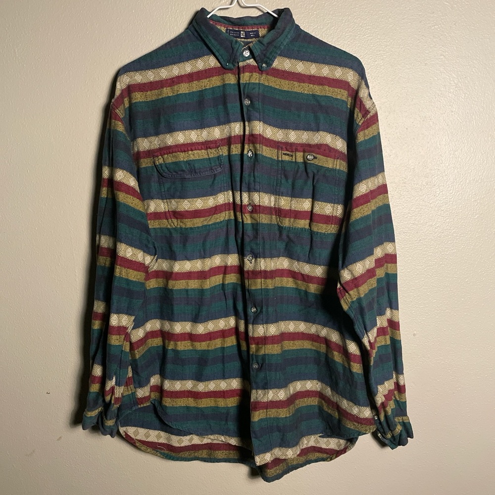 Green and burgundy striped flannel shirt